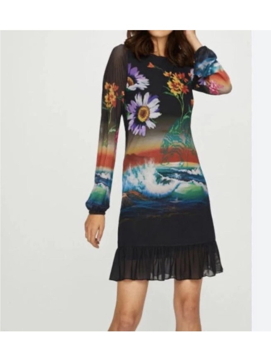 Desigual Dresses & Skirts - Desigual Black Floral & Ocean Wave Long-Sleeve Dress